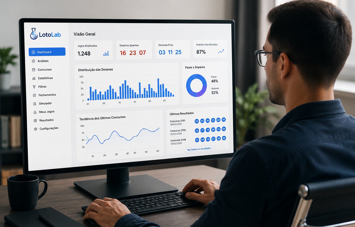 Profissional usando o dashboard LotoLab: visão geral, distribuição de dezenas, pares e ímpares e últimos resultados